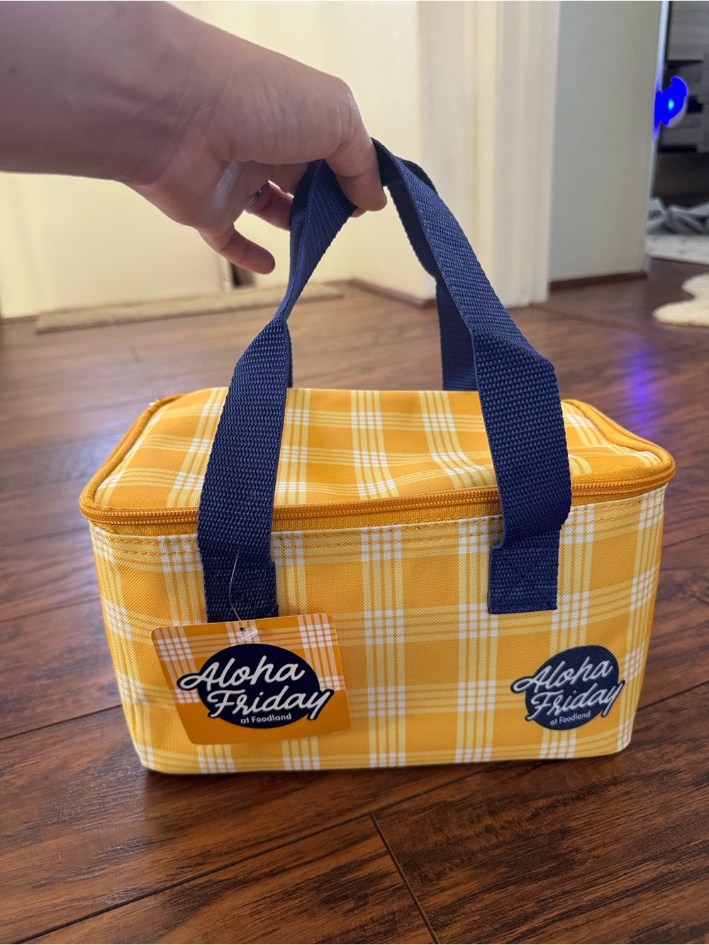 Foodland Aloha Friday Yellow Palaka Insulated Lunch Tote with Navy Handles
